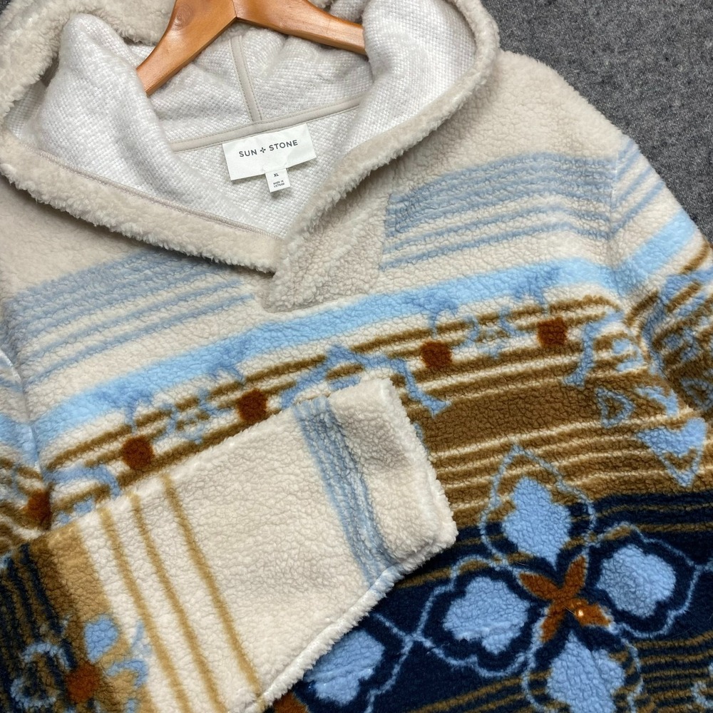Sun + Stone Mens Tate Geo Stripe-Print Fleece Hoodie XL Beige Blue Boho